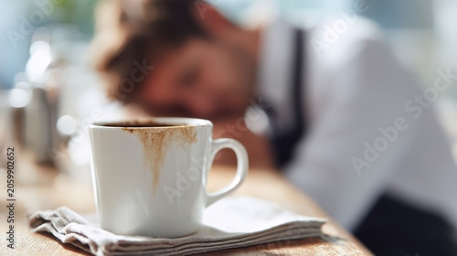 A stained white coffee mug sits on a napkin, while a tired man rests his head on a desk behind it. The image conveys fatigue and the need for a caffeine boost.
