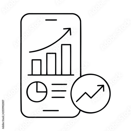Mobile phone displaying upward trend graph with pie chart and analytics icon