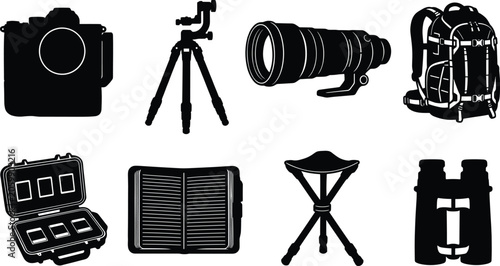 Fotografía Photography and wildlife gear icon set featuring dslr camera tripod telephoto le