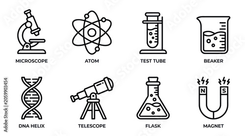 Tableau sur toile Science lab equipment line icons with descriptive text labels