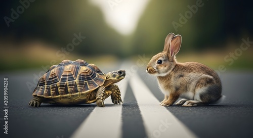 Tortoise and hare face off on asphalt road aesop's fable illustration