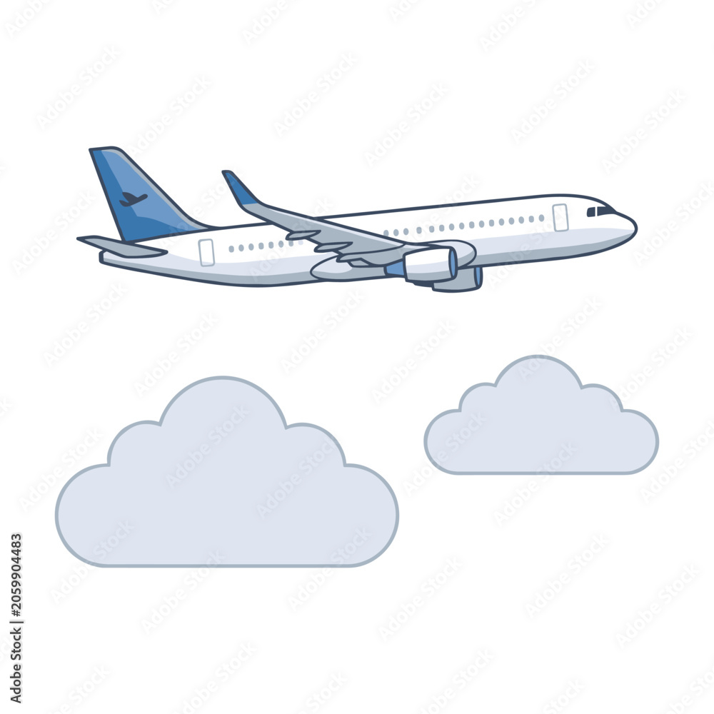 Fototapeta premium Commercial airplane flying in blue sky with white clouds as simple vector graphic style