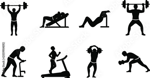 Black silhouette icons of people performing various gym exercises