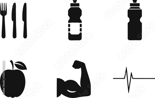 Healthy lifestyle icons with food exercise and hydration