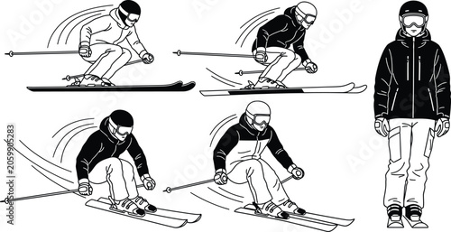 Skiing technique illustration set with athlete and dynamic poses