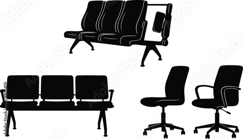 Office furniture set silhouette waiting room seating and desk chairs