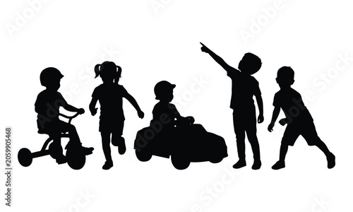 Children playing silhouettes with tricycle and toy car