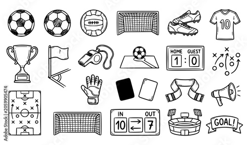 Football doodle elements set hand drawn soccer ball trophy goal and sports equipment vector eps10