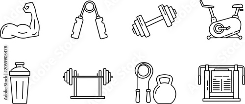 Fitness equipment line icons strength training and cardio machines set