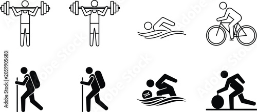 Fitness and sports icons set weightlifting swimming cycling hiking and more