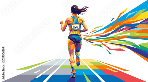Dynamic athlete human figure on multicolored track abstract art, suitable for sports designs, fitness promotions, and energetic content creation. Bold and vibrant motion capture.