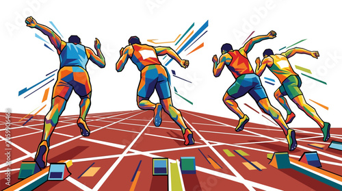 Foto Dynamic image capturing sprinters racing on track lanes with a focus on the intense speed and competition at starting blocks