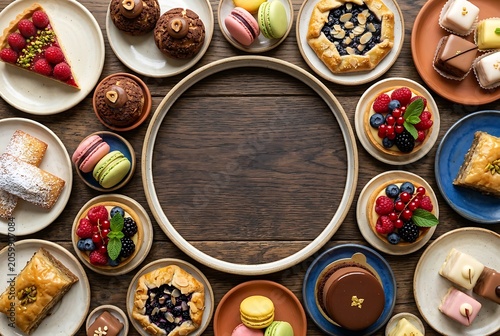 Assorted French Pastries and Desserts Arranged Around a Central Empty Plate