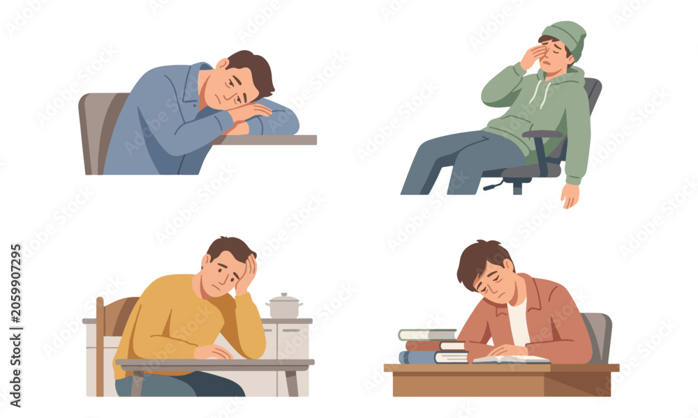 Fototapeta premium Exhausted man set studying and working at desk
