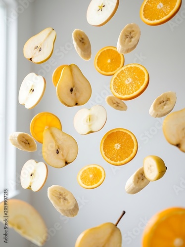 Assorted Sliced Fruits Floating and Levitating in the Air on Light Background