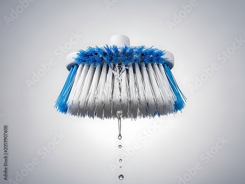 Blue and White Scrubbing Brush with Dripping Water on Gray Background