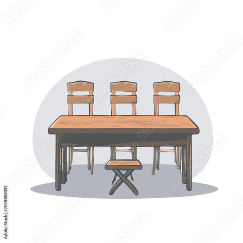 Flat Design Illustration of Wooden Table and Chairs