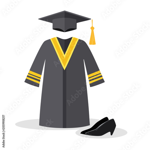 Graduation cap and gown flat illustration