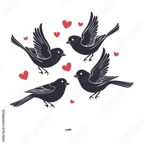 Minimalist black birds with red hearts flying