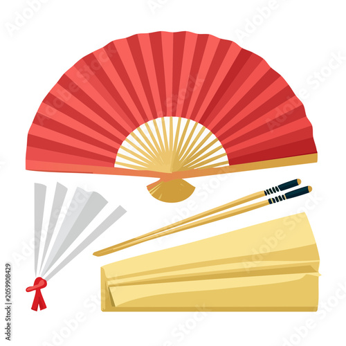 Traditional Japanese Fan with Chopsticks and Paper