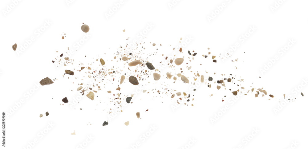 Fototapeta premium Closeup colorful stones, rock and sand flying, isolated on white background, clipping path, design element, macro