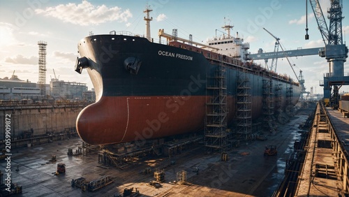 drydock. A colossal ocean freighter secured in a vast concrete drydock with scaffolding. safety posters, maintenance manuals, designed for industrial assembly lines and welding operations.
