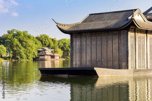 Traditional buildings in the lily garden at West Lake in Hangzhou, China