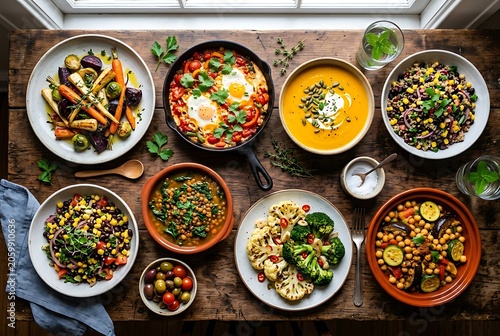 Healthy Vegetarian Meal Spread on a Rustic Wooden Table Top View