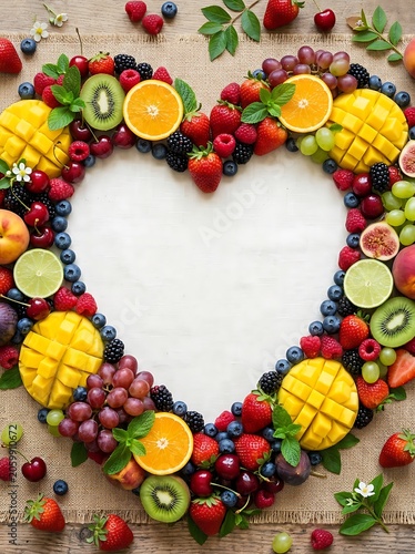 Heart shape frame of various fresh fruits on burlap background