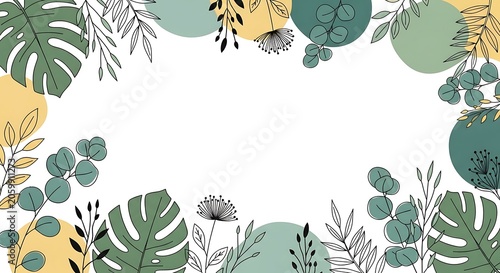 Botanical Leaf Frame with Monstera and Eucalyptus on Sage Green Background