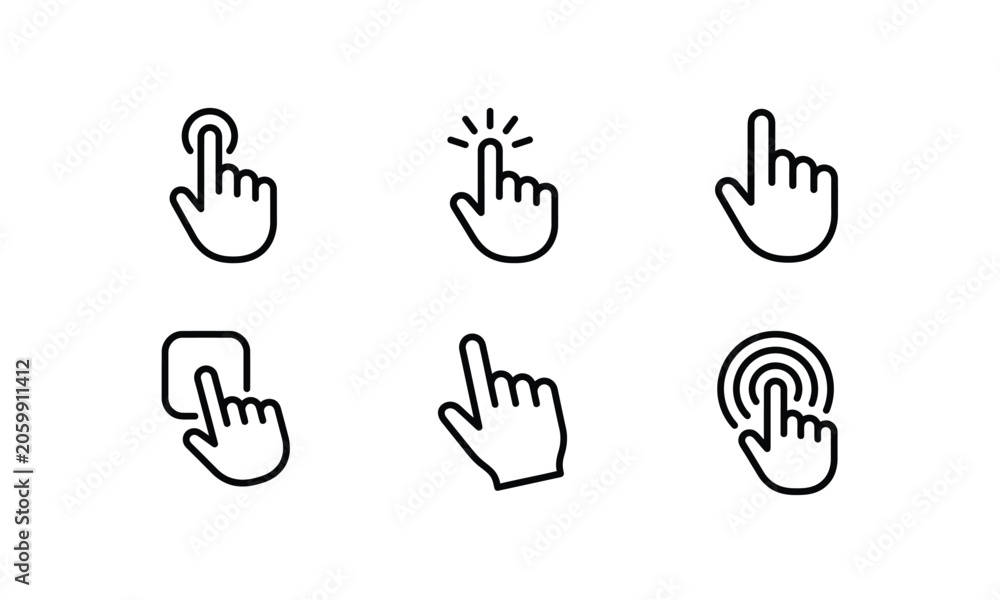 Fototapeta premium Hand cursor touch screen gesture vector outline icons set.