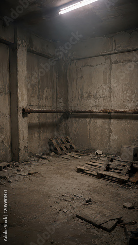 Abandoned basement concrete interior pallet on floor, dim light mood
