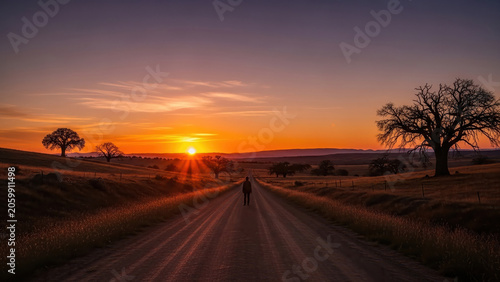 Sunset road landscape sky silhouette tree countryside horizon glow feels peaceful