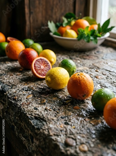 Fresh Assorted Citrus Fruits on a Wet Rustic Stone Countertop