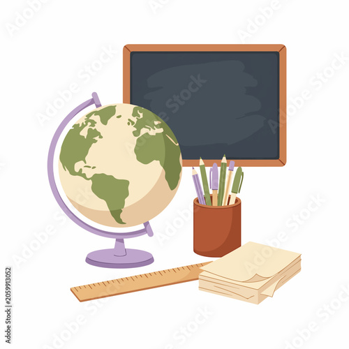 Globe and school supplies on table.