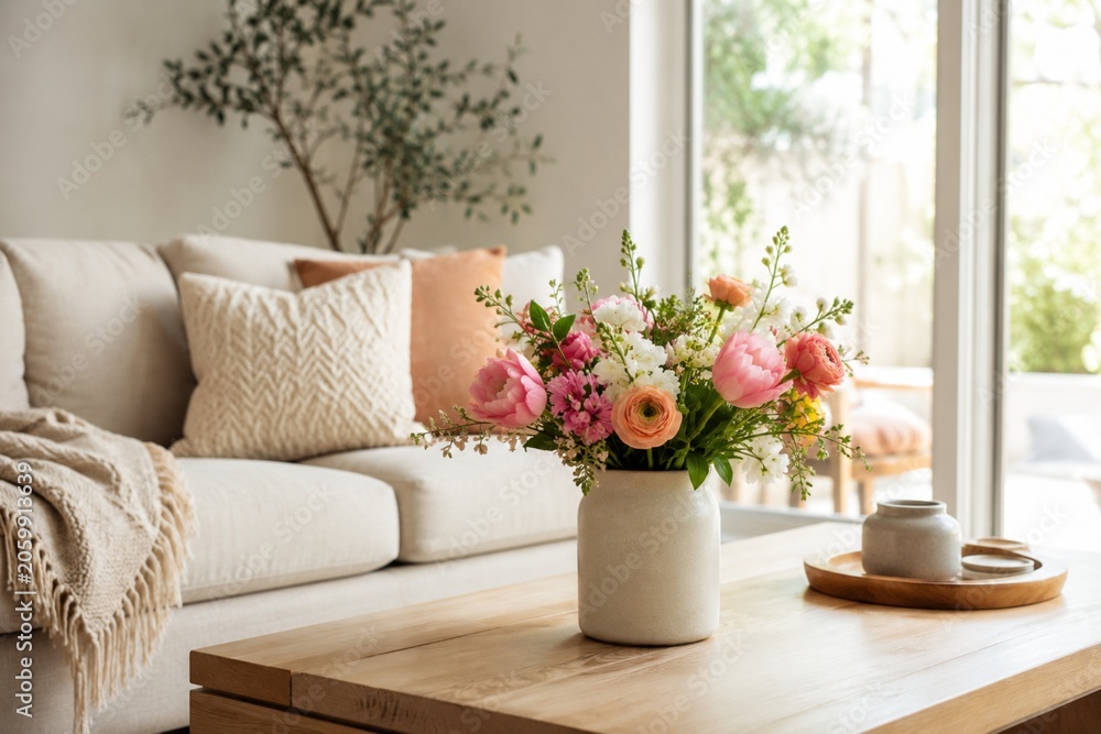 Naklejka premium Modern living room with fresh blooming flowers on table