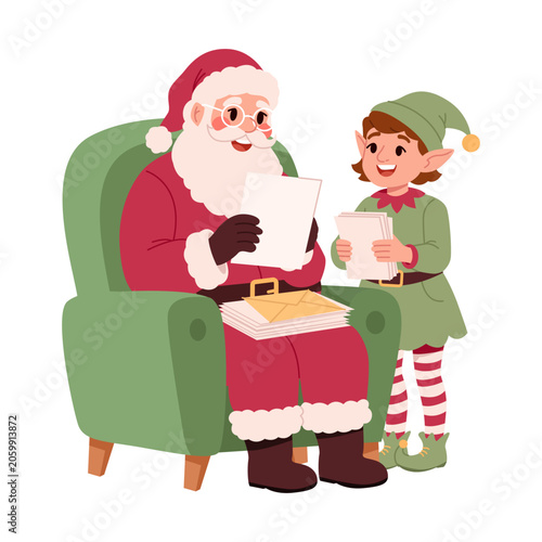 Santa Claus Reading Christmas Wish Lists with Elf Assistant on White Background. Flat Vector Illustration.