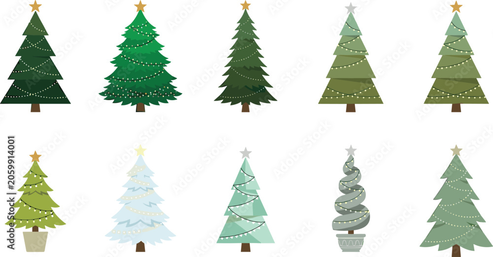 Obraz premium Christmas Tree Icon Set with Decorated Snowy and Spiral Designs for Holiday Xmas Festive Greeting Card and Winter Season Projects