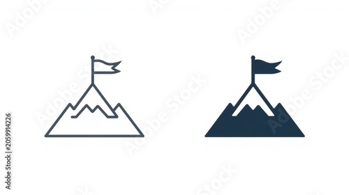 Mountain peak icons with success flag for business achievement and goal reaching