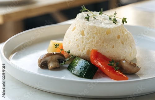 Elegant Egg White Soufflé with Seasonal Vegetables on White Plate, Gourmet Healthy Cuisine