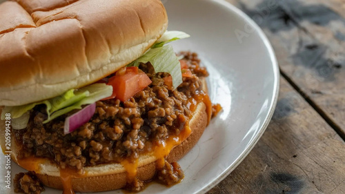 Schilderij op canvas Homemade sloppy joe sandwich close up, ground beef on soft bun with pickles and