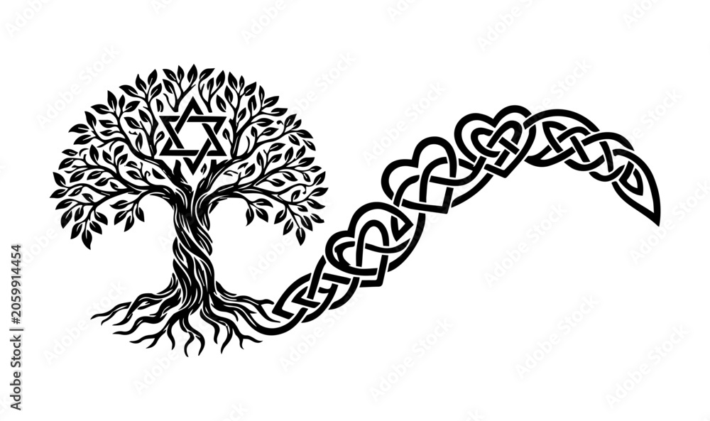 Fototapeta premium Celtic Tree of Life with Star of David and Heart Knotwork, Jewish Heritage Symbol Vector, Mystical Spiritual Tree with Intertwined Roots and Hearts