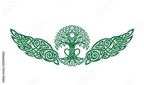 Schilderij op canvas Celtic Tree of Life with Star of David, Green Jewish Spiritual Emblem with Wings