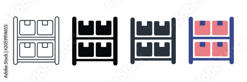 Bild auf Leinwand Warehouse shelving unit icons showcasing cardboard boxes in four artistic variations, representing inventory control, storage organization, logistics operations, and supply chain management