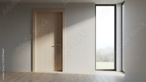 Modern wooden door in a minimalist interior with natural sunlight