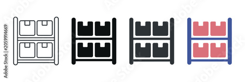Εκτύπωση καμβά Warehouse shelving unit icons featuring cardboard boxes in four distinct artistic styles, designed for logistics, inventory management, storage systems, and supply chain operations