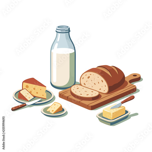 Fresh bread and dairy products displayed.