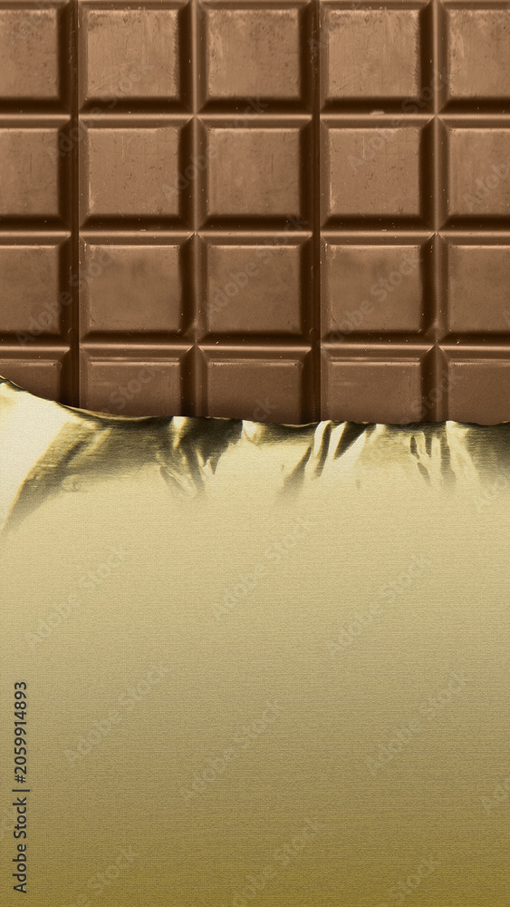 Fototapeta premium A vertical close-up of a classic milk chocolate bar, partially unwrapped from its elegant gold foil packaging