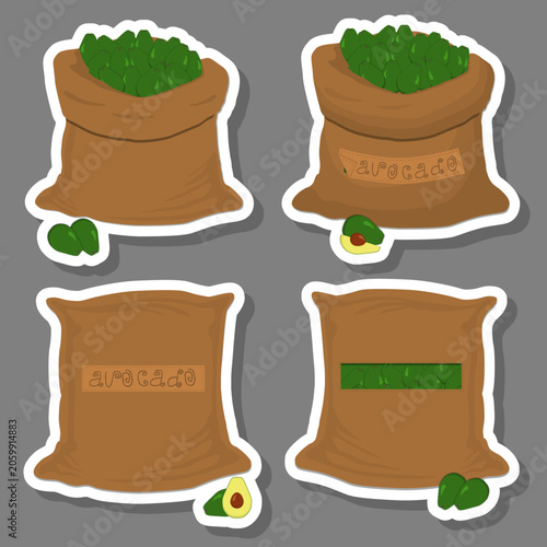 Big food set from tasty avocado in large textured sacks