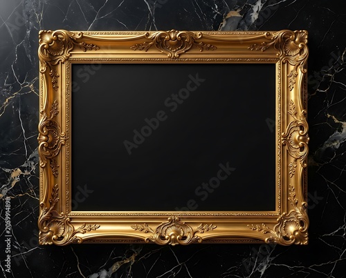 Ornate Gold Picture Frame on Black Marble Background Mockup Template